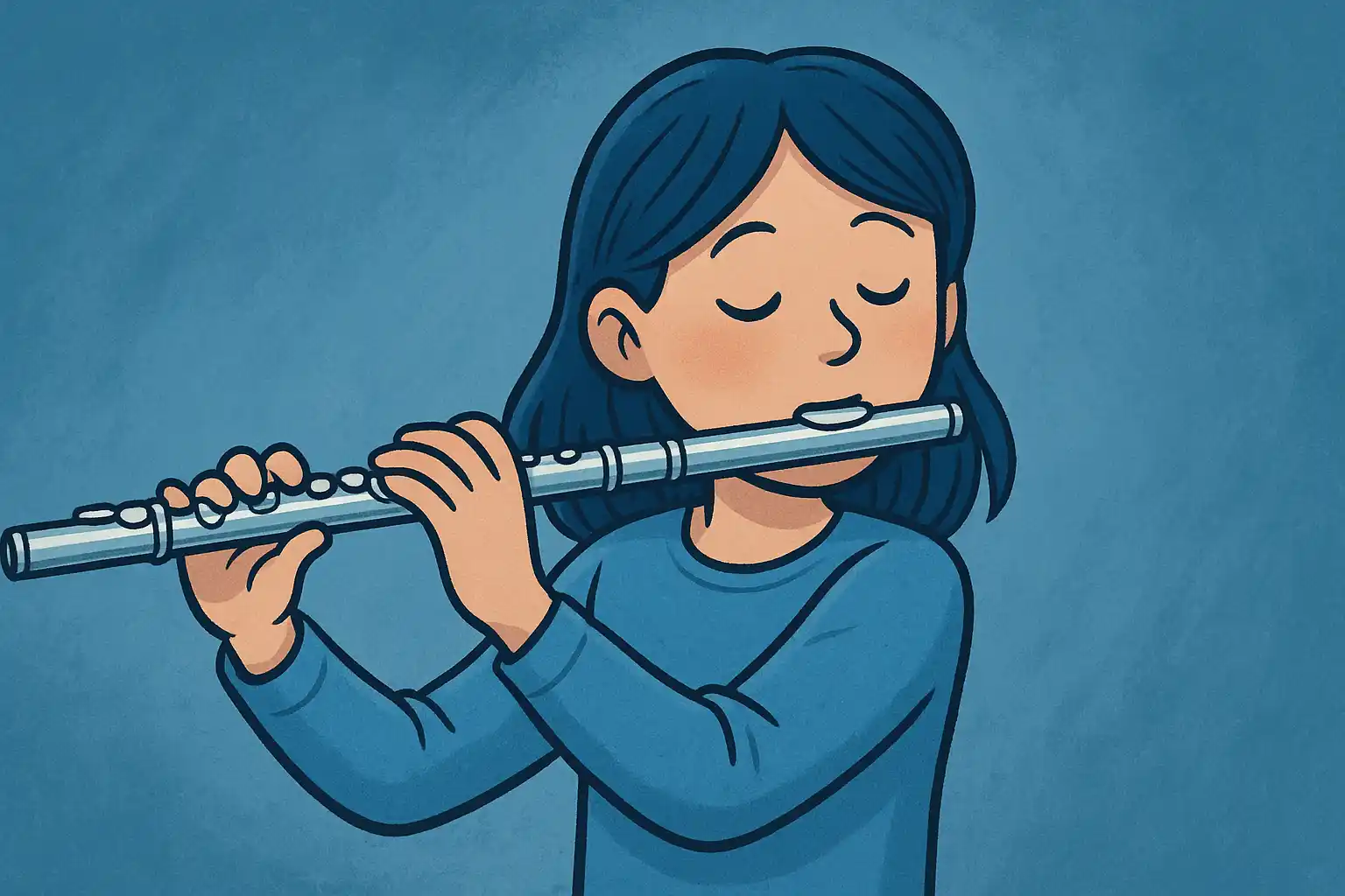 A young girl playing a flute, focused on her music.