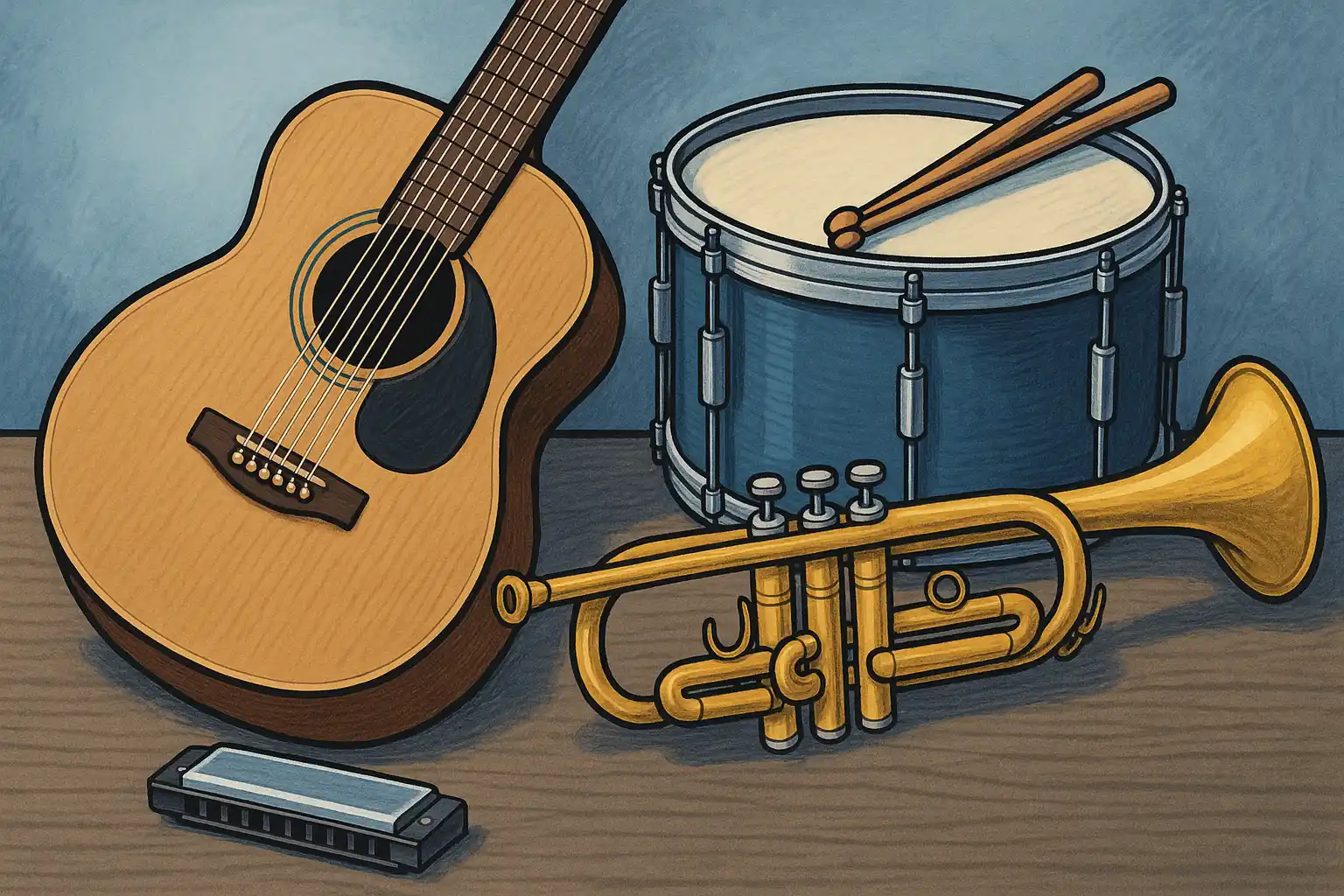 Musical instruments on a wooden table with a cool-toned background, featuring an acoustic guitar, a snare drum with drumsticks, a golden trumpet, and a harmonica.