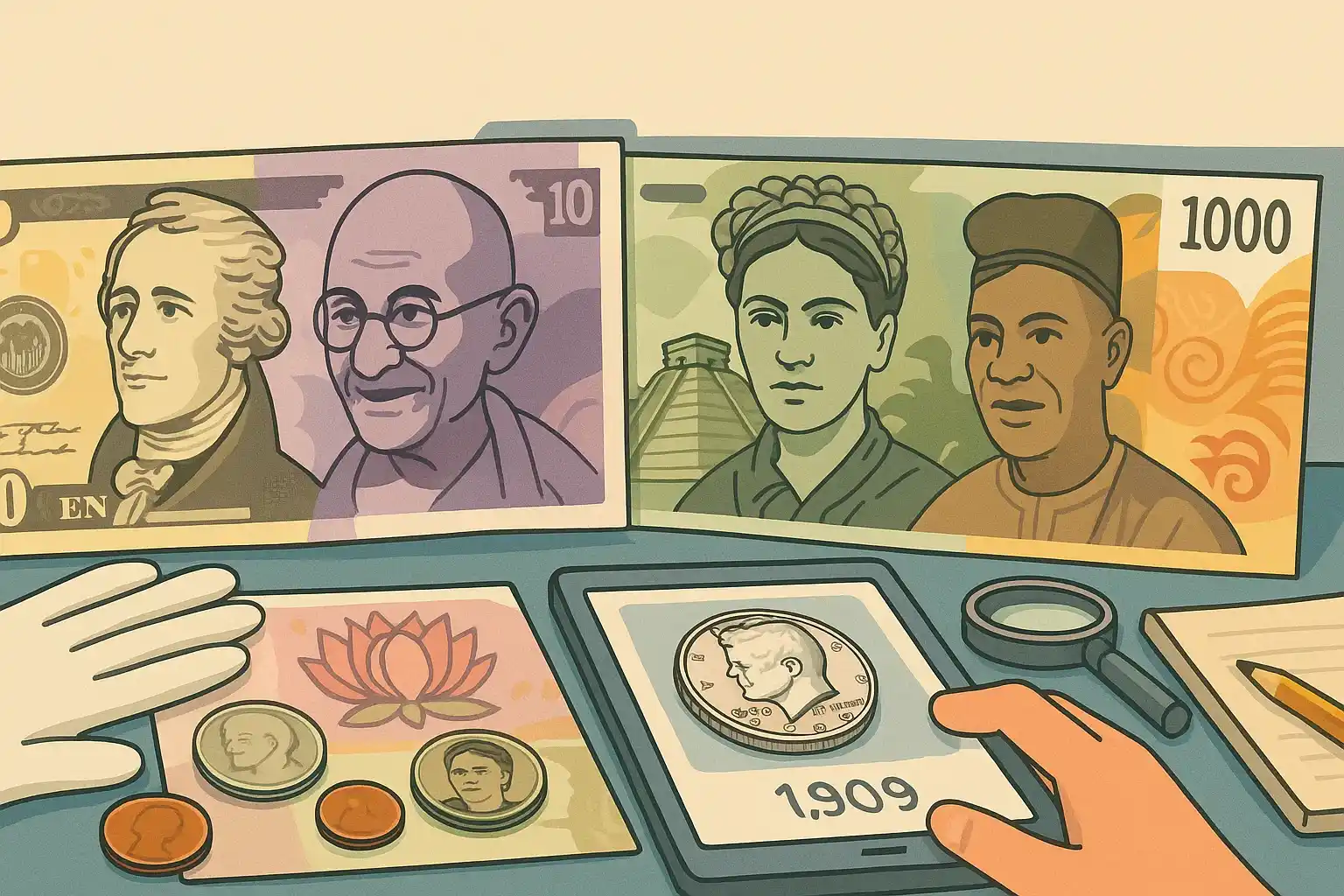 A package of world coins and bills lies on the table.