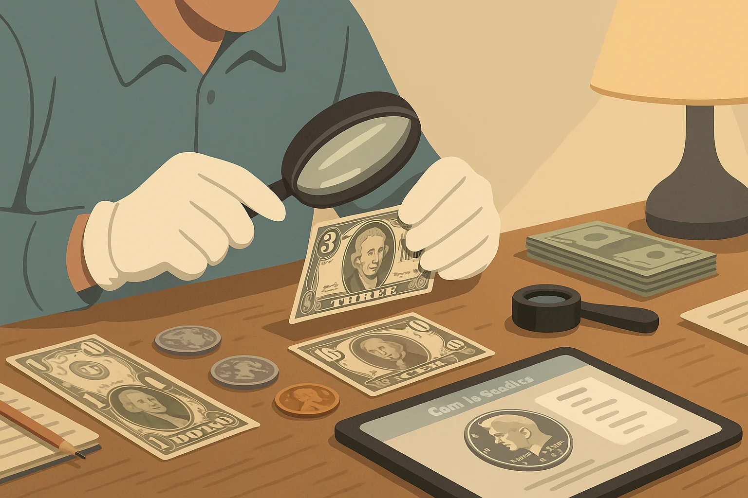 Numismatists’ hands with a magnifying glass during bill observation.