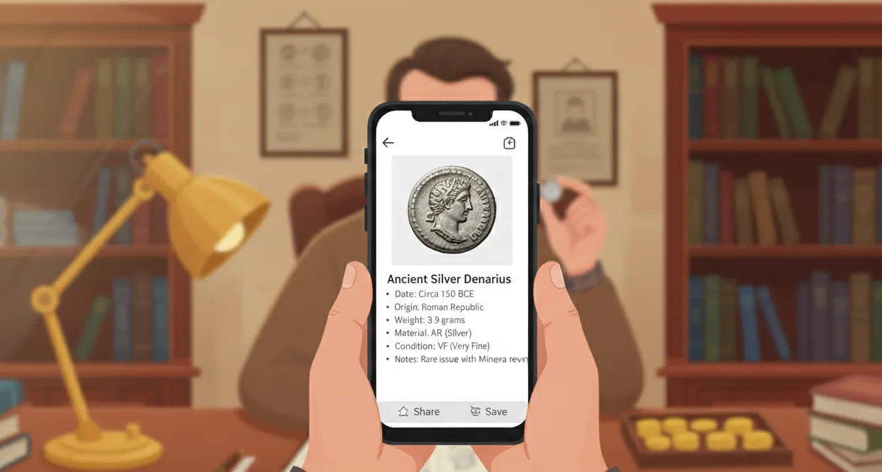 The phone display with a coin picture and characteristics on it